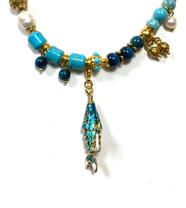 Vergulde vis hanger turquoise - Afbeelding 2