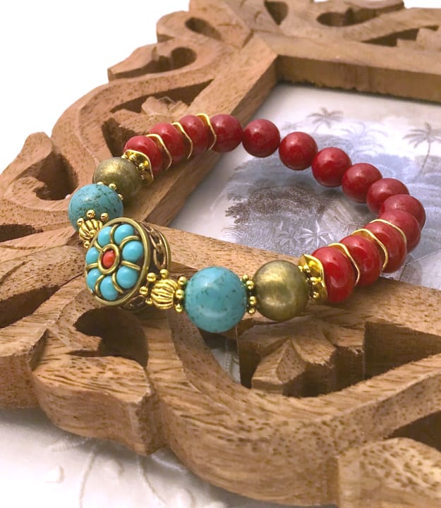 Donkerrode en turquoise boho Armband met goud - Afbeelding 5